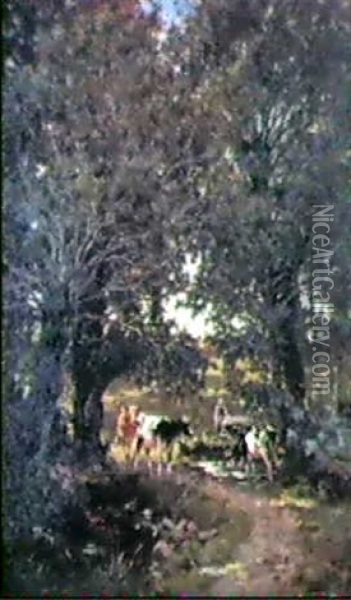 Vaches S'abreuvant Dans Le Sous-bois Oil Painting - Camille Bernier