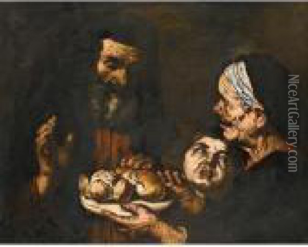 A Saint Blessing A Plate Of Bread, Together With An Elderly Lady And A Young Child Oil Painting - Jusepe de Ribera
