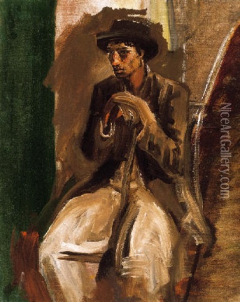 Szeken Ulo Kalapos Fiu (boy In A Hat, Sitting On A Chair) Oil Painting - Laszlo Mednyanszky