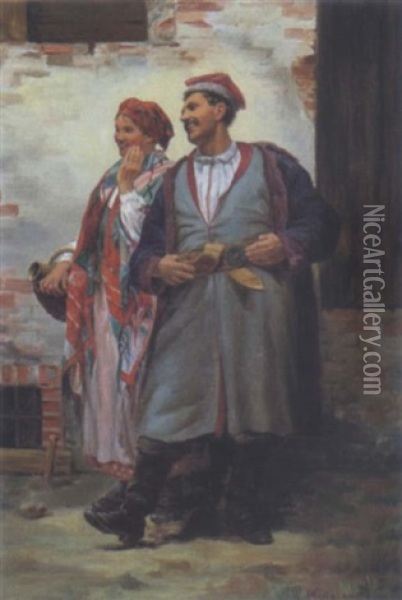 Polnisches Bauernpaar In Festtagstracht Oil Painting - Walery (Valery) Plauszewski