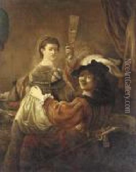 Rembrandt And Saskia In The Scene From The Prodigal Son In The Tavern Oil Painting - Rembrandt Van Rijn