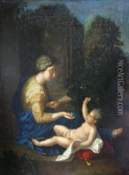 Mother And Child Seated In An Classical Landscape Oil Painting - Adriaen Van Der Werff