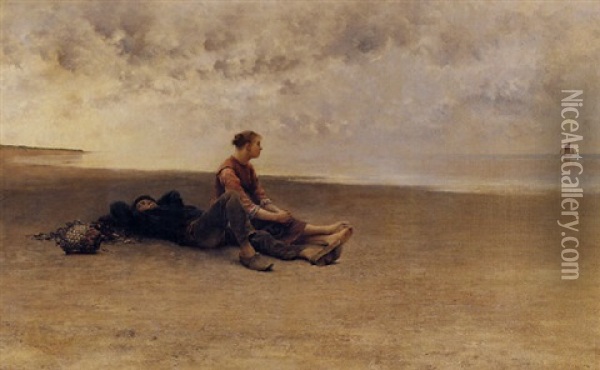 Daydreaming On The Beach Oil Painting - August Vilhelm Nikolaus Hagborg
