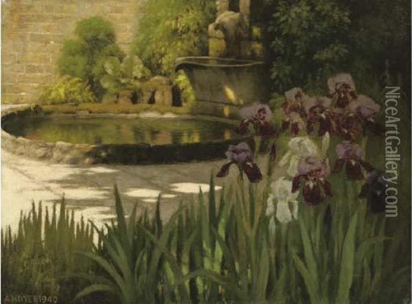 The Artist's Garden, Iris Pond Oil Painting - Alfred Henry Dyer