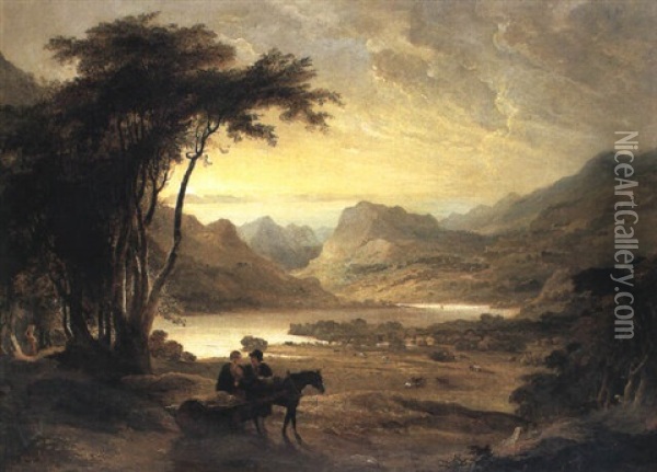 Mountainous Lake Landscape With Couple And Horse Cart Oil Painting - Copley Fielding