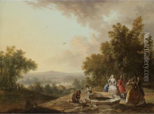 An Extensive Landscape With Figures Near A Well Oil Painting - Christian Georg Schuttz II