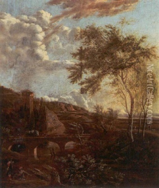 Romantisk Landskab Med Store Traeer Og En Bro Over Flod Oil Painting - Isaac de Moucheron