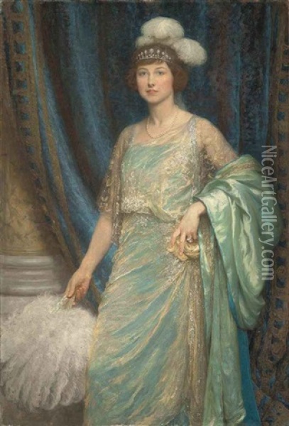 Portrait Of Mrs Norman Holbrook, In A Turquoise Dress And A White Fan Oil Painting - Frank Dicksee