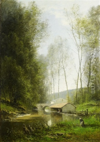 Flodlandskap Med Tvatterskor Vid En Bro Oil Painting - Jean Henri Lefortier