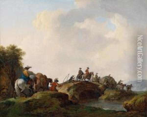 Viaggiatori In Paesaggio Serale Oil Painting - Francesco Giuseppe Casanova