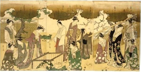 'Mitate Tsutsu Izutsu' (A Parody Of The Well Curb) Oil Painting - Chobunsai Eishi
