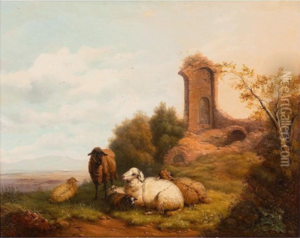 Ruhende Schafe Vor Kleiner Verfallener Kapelle Uber Weiter Hugellandschaft Oil Painting - Wilhelm Melchior