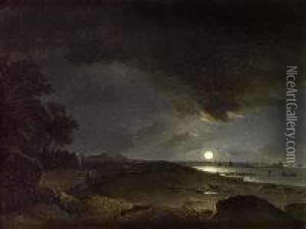 Figures On A Moonlight Beach Oil Painting - James Arthur O'Connor