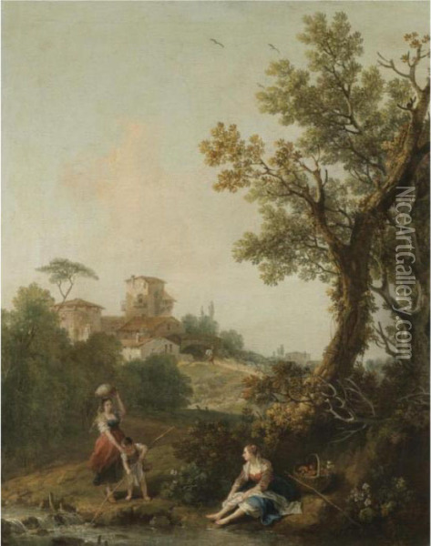 A Wooded River Landscape With A 
Boy And His Mother Fishing And Another Woman Resting In The Foreground, A
 Traveller Approaching A Village Beyond Oil Painting - Francesco Zuccarelli