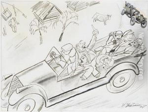 In The Automobile; An Illustration For The Magazine Oil Painting - Aleksei Aleksandrovich Uspensky