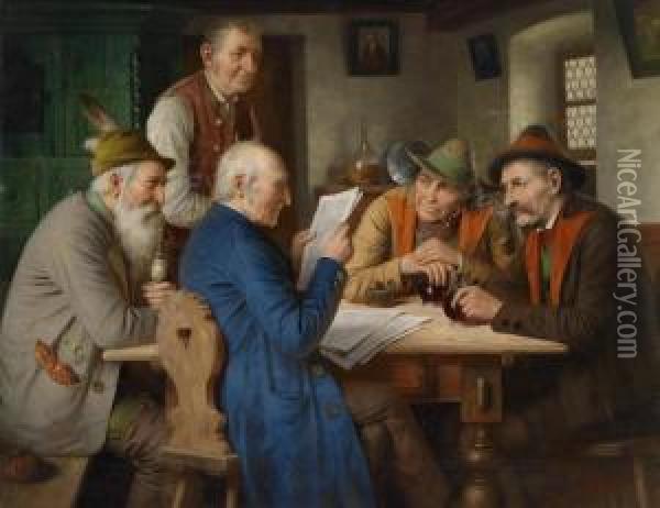 The Latest News In The Tavern Oil Painting - Josef Wagner-Hohenberg