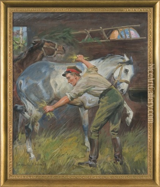 Uhlan With A Horse Oil Painting - Woiciech (Aldabert) Ritter von Kossak