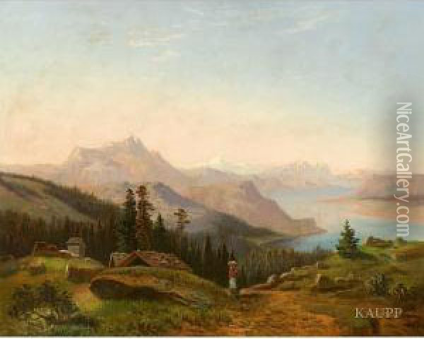 Alpine Gebirgslandschaft Mit See In Abendstimmung Oil Painting - Marcus Larson