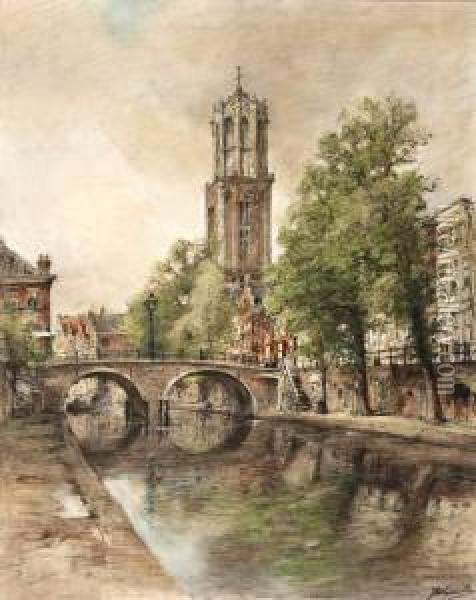 De Oude Gracht Te Utrecht Met Zicht Op De Domtoren Oil Painting - Jan Hillebrand Wijsmuller