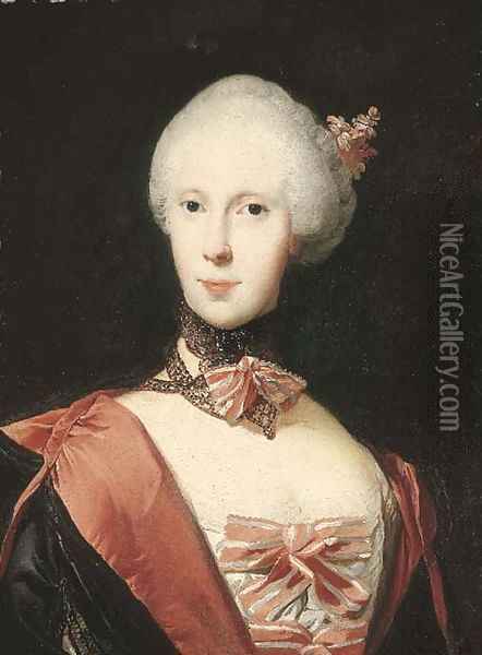 Portrait of a lady, half-length, in a black and pink cape with pink and white bows Oil Painting - Jens Juel
