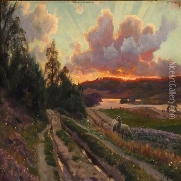 Sunset At Virklund, Jutland Oil Painting - Peder Mork Monsted