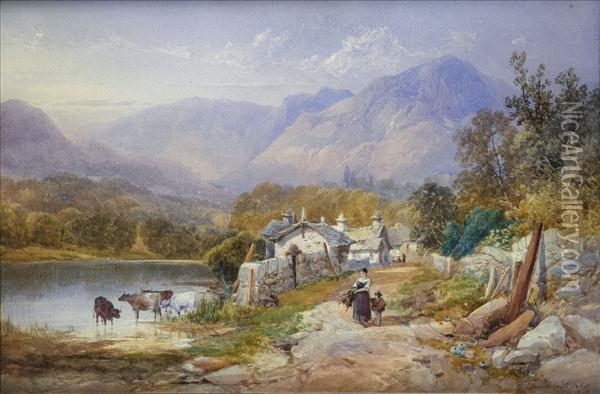 A Lakelandvillage, With Figures, Cattle Watering Oil Painting - James Burrell-Smith