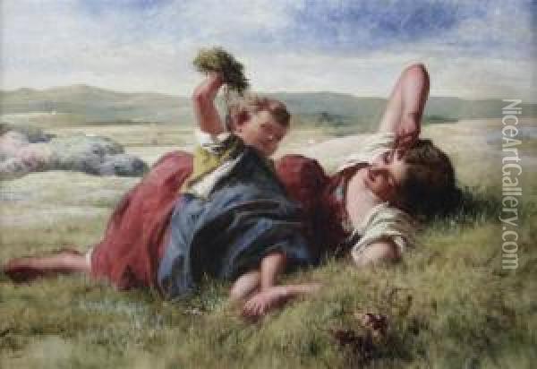 Mother And Child Beside A Harvest Field Oil Painting - William Underhill