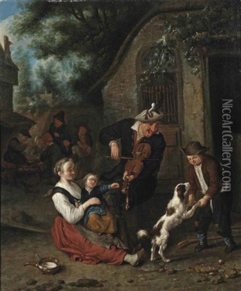 A Violin Player And Other Figures Merrymaking Outside An Inn Oil Painting - Cornelis Dusart
