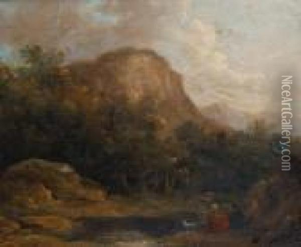 Figures On A Riverbank Oil Painting - George Morland