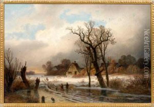 Winterliche Treibjagd Am Dorfrand Oil Painting - Gustav Johann Lange
