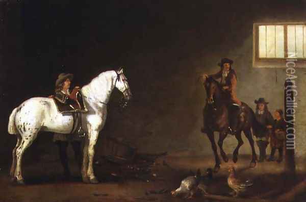 Horsemen with a grey and a bay in a riding school Oil Painting - Abraham Van Calraet