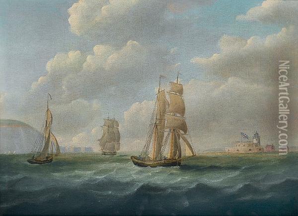 Shipping Passing Hurst Castle Heading Up The Solent, With The Needles Astern Of Them Oil Painting - Francis Sartorius