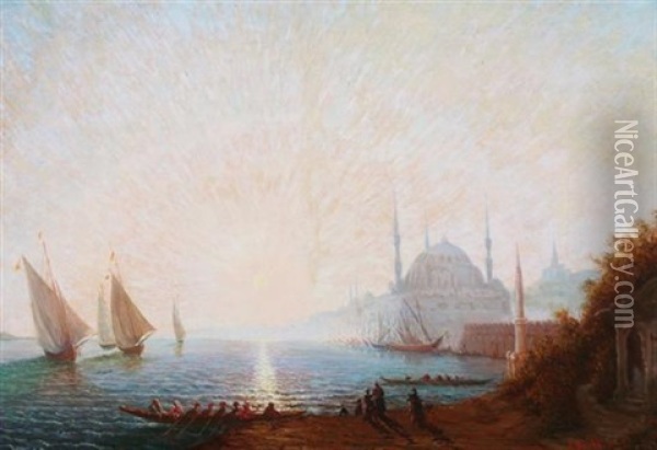 Sunrise Over The Bosphorus Oil Painting - Amade (Ernst Amadeus) Barth