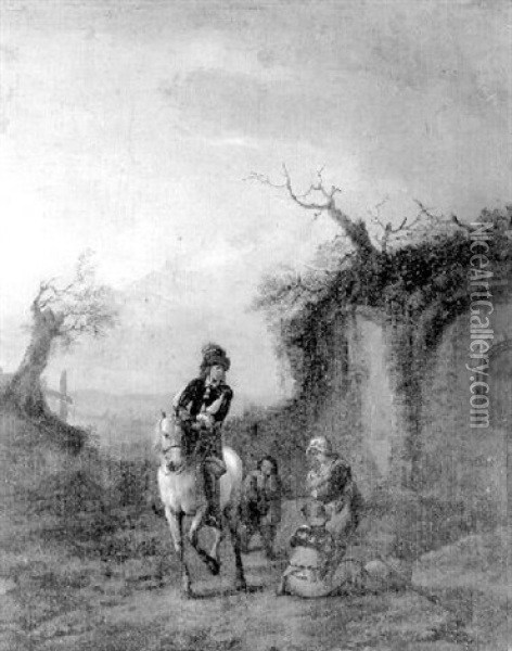Un Cavalier Demandant Son Chemin A Des Pelerins De Saint Jacques Oil Painting - Carel van Falens