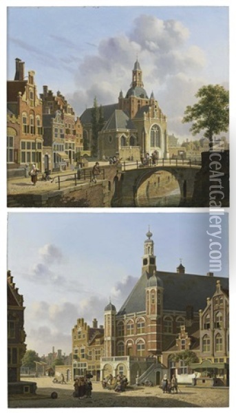 A Church Along A Canal, Holland; And A Busy Town Square, Holland Oil Painting - Jan Hendrik Verheyen