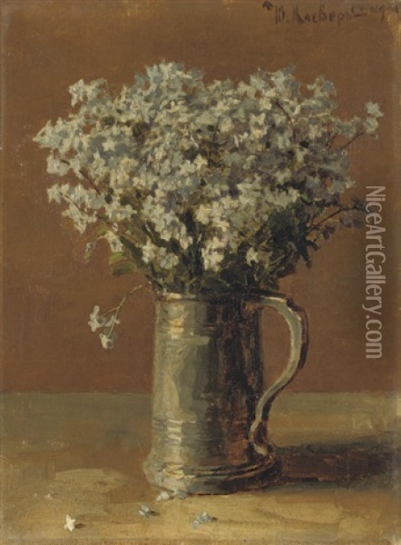 Wild Flax In A Pewter Tankard Oil Painting - Yuliy Yulevich Klever the Younger