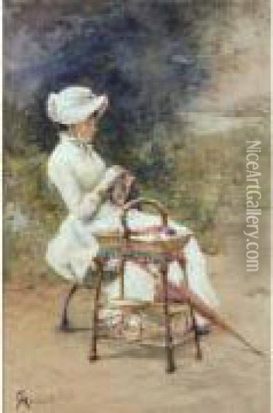 Femme Brodant Dans Un Jardin Oil Painting - Ferdinand Heilbuth