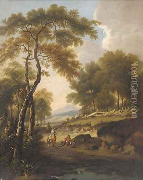 Figures on a path in a wooded landscape Oil Painting - William Traies