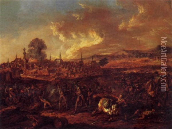 A Cavalry Skirmish With A Burning Town Beyond Oil Painting - Benjamin Zix