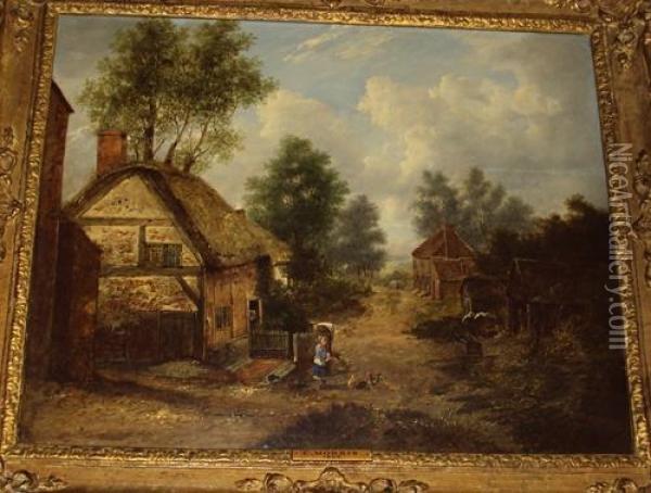 A Village Lane With Girl Feeding Hens Oil Painting - Charles Morris