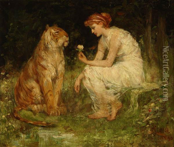 Seated Girl Presenting A Rose To A Tiger Oil Painting - Frederick Stuart Church