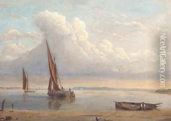 Barges in a calm on the estuary Oil Painting - Alfred Clint