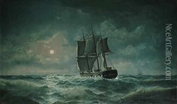 A Moonlit Marine View With A Frigate In A Swell Oil Painting - Edward Hoyer