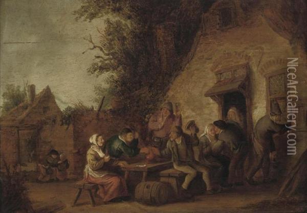Peasants Carousing Outside A Tavern Oil Painting - Isaack Jansz. van Ostade