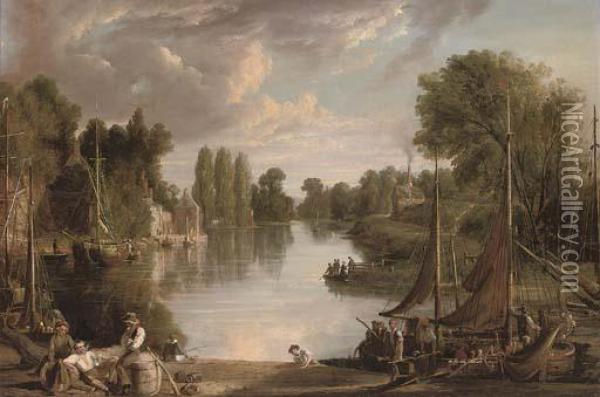 A River Landscape At Dusk, With Figures Unloading A Barge In The Foreground Oil Painting - James Webb
