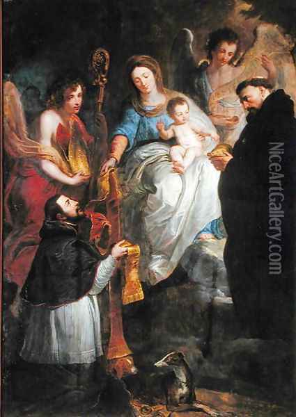 The Virgin Giving a Stole to St. Hubert Oil Painting - Erasmus II Quellin (Quellinus)