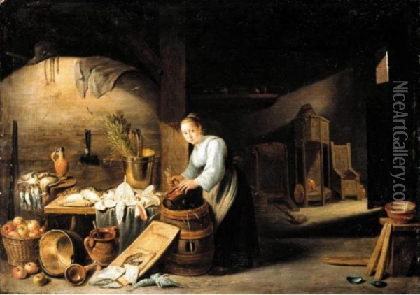 A Kitchen Interior With A 
Servant Woman Washing A Pot, Some Fish And Fowl On The Table Nearby Oil Painting - David The Younger Teniers