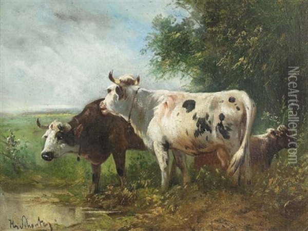 Drei Gefleckte Rinder Bei Der Tranke Oil Painting - Henry Schouten