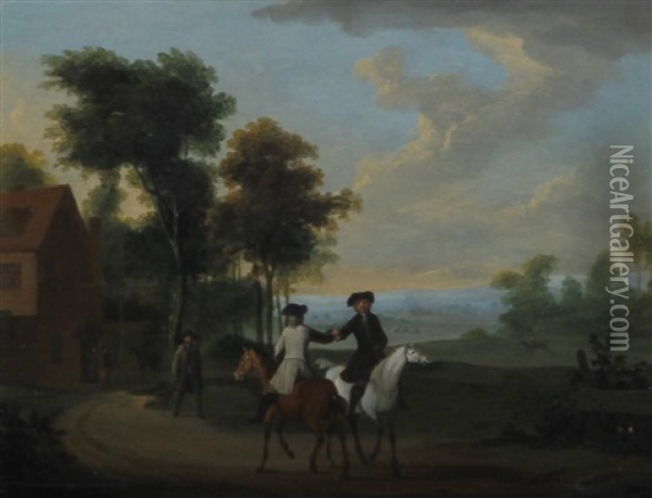 Riders On A Country Road, And Another Similar (pair) Oil Painting - Peter Tillemans
