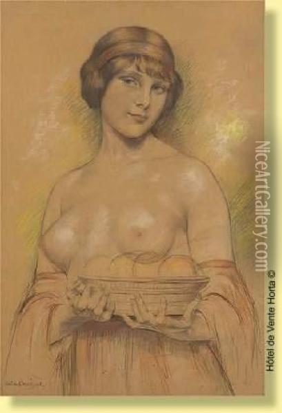 Jeune Femme Au Torse Nu Et Panier De Fruits Oil Painting - Gustave Brisgand